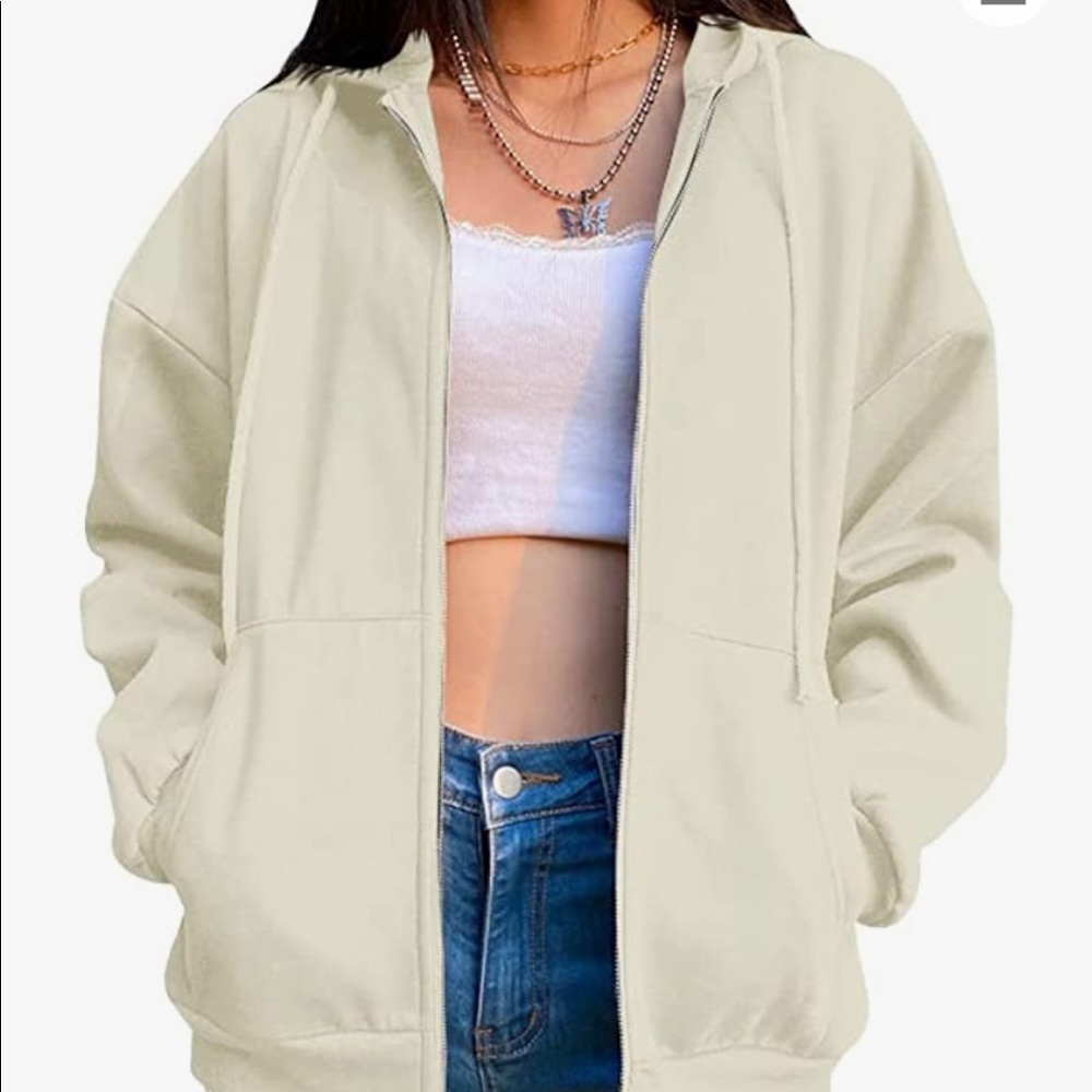 Beige Long Sleeved Oversized Zip Up
